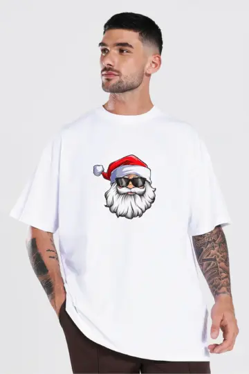 Yılbaşı Tişört Kısa kol Yazlık Gözlüklü Noel Baba Baskılı T-shirt - Beyaz