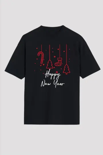 Yılbaşı Tişört Happy New Year Baskılı T-shirt - Siyah