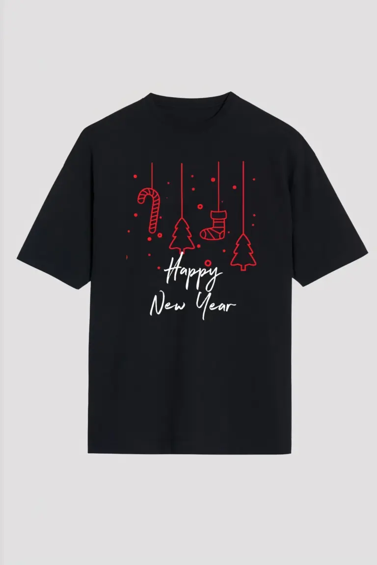 Yılbaşı Tişört Happy New Year Baskılı T-shirt - Siyah