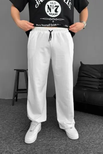 İki İplik Kumaş Beli Lastikli Yan Flota Cepli Baggy Alt Eşofman pantolon - Beyaz