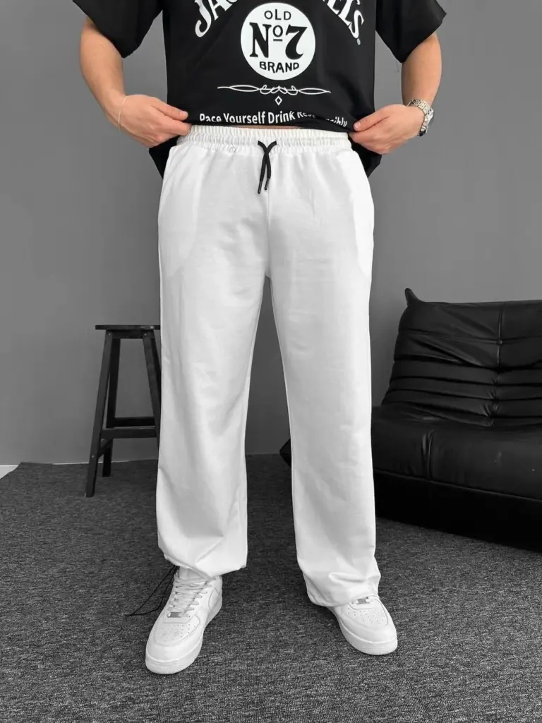 İki İplik Kumaş Beli Lastikli Yan Flota Cepli Baggy Alt Eşofman pantolon - Beyaz