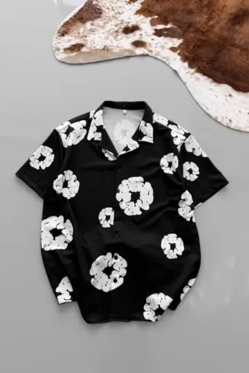 İki İplik Kumaş Baskılı Oversize Düğmeli Gömlek - Siyah