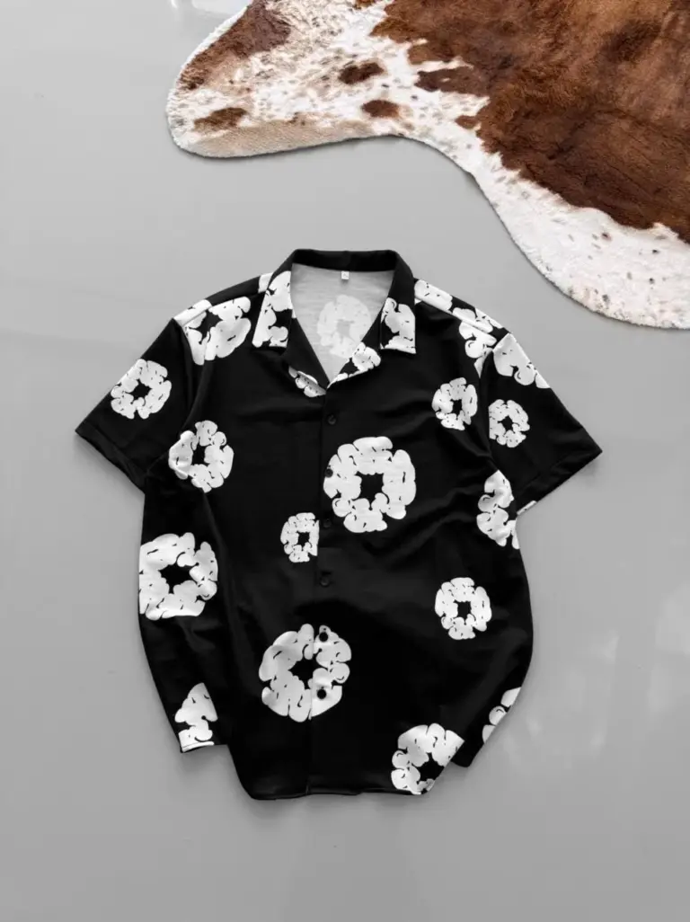 İki İplik Kumaş Baskılı Oversize Düğmeli Gömlek - Siyah