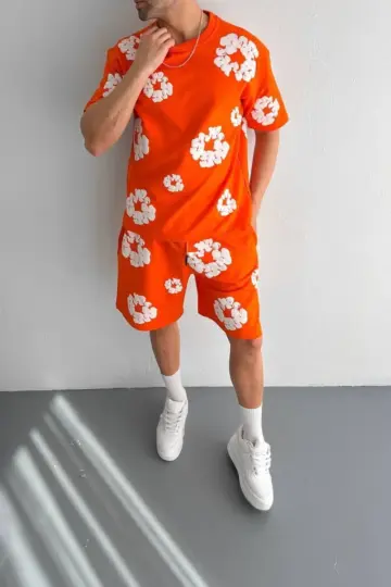 İki İplik Kumaş Oversize Baskılı T-shirt Şortlu ikili Alt-Üst Takım- Turuncu