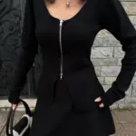 İkili Fermuarlı Hırkalı Etekli Takım - Siyah