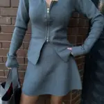 İkili Fermuarlı Hırkalı Etekli Takım - Füme