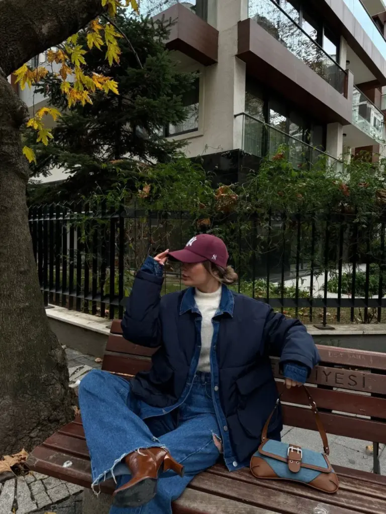 Jeans Detaylı Cıtcıtlı Ceket Mont - Lacivert