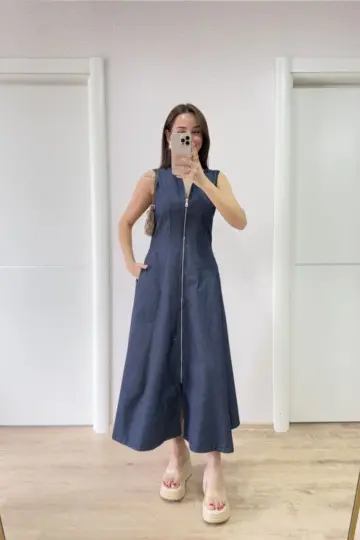 Jeans Kot Önü Tam Fermuarlı  Uzun Elbise - Mavi