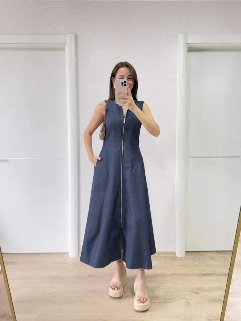 Jeans Kot Önü Tam Fermuarlı  Uzun Elbise - Mavi