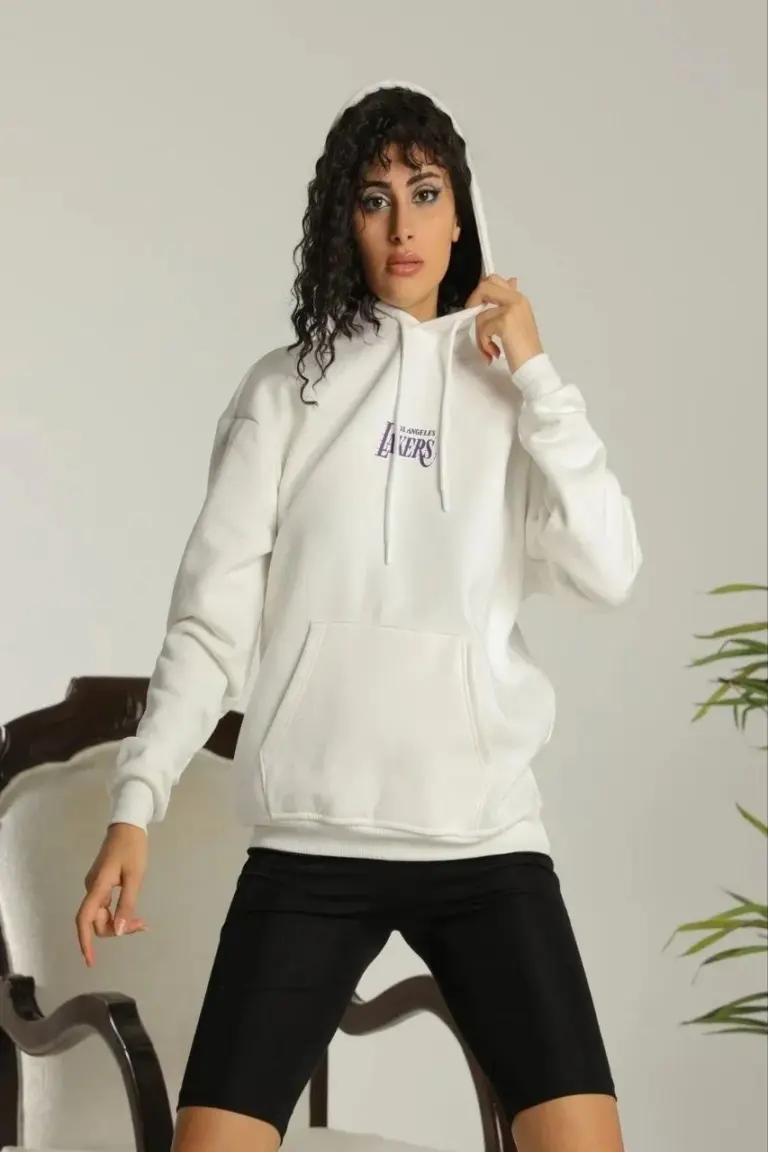 Oversize Kapüşonlu Cepli Baskılı 3 İplik Pamuklu Hoodie Sweatshirt - Beyaz