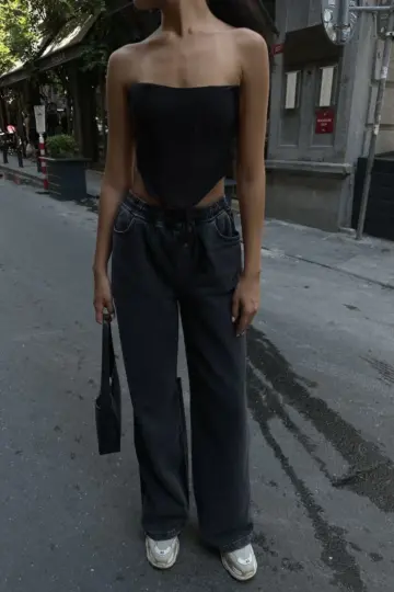 Arkadan Yırtmaçlı Jeans Kot Palazzo Pantolon - Siyah