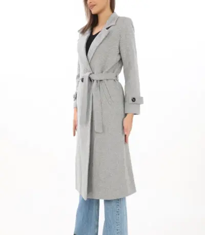 Balık Sırtı Kaşe Kaban Uzun Boy Kruvaze Yaka Kuşaklı Astarlı Tesettür Kaban - Gri