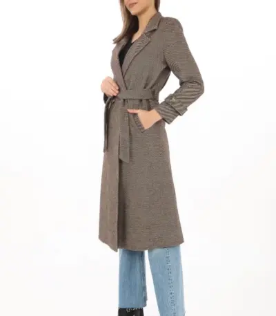 Balık Sırtı Kaşe Kaban Uzun Boy Kruvaze Yaka Kuşaklı Astarlı Tesettür Kaban - Vizon