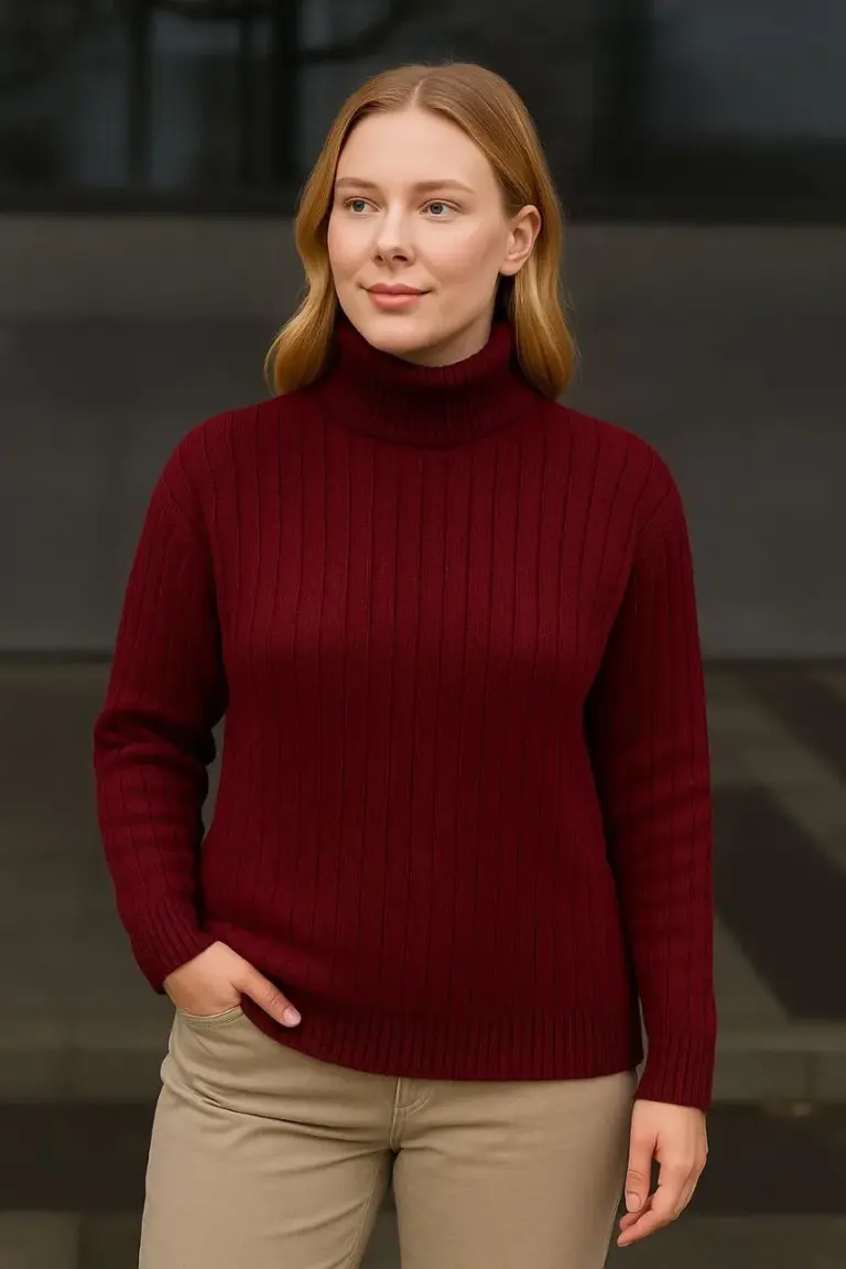 Tam Boğazlı Balıkçı Yaka Triko Kazak Kalın Fitilli - Bordo