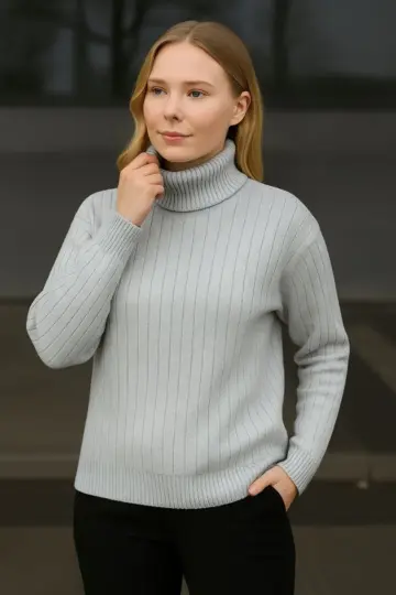 Tam Boğazlı Balıkçı Yaka Triko Kazak Kalın Fitilli - Gri