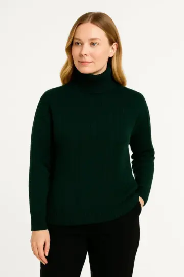 Tam Boğazlı Balıkçı Yaka Triko Kazak Kalın Fitilli - Haki