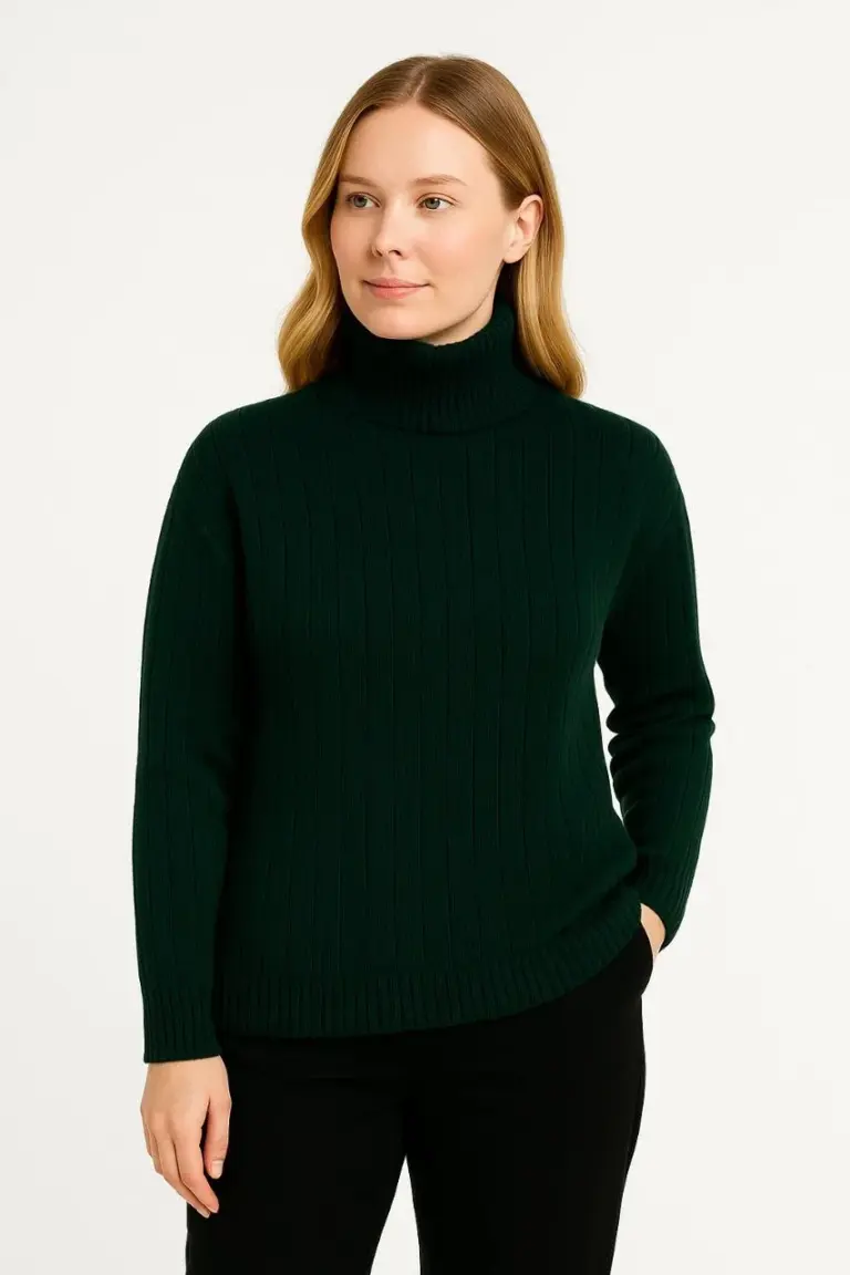 Tam Boğazlı Balıkçı Yaka Triko Kazak Kalın Fitilli - Haki