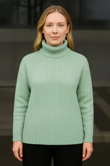 Tam Boğazlı Balıkçı Yaka Triko Kazak Kalın Fitilli - Mint Yeşili