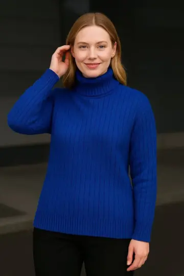 Tam Boğazlı Balıkçı Yaka Triko Kazak Kalın Fitilli - Saks Mavisi