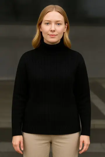 Tam Boğazlı Balıkçı Yaka Triko Kazak Kalın Fitilli - Siyah