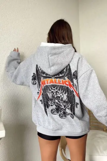 2 İplik METALLICA Baskılı Kapüşonlu Sweatshirt Hoodie - Gri