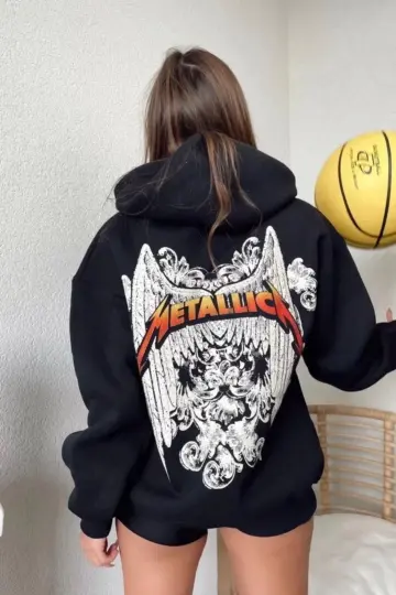 2 İplik METALLICA Baskılı Kapüşonlu Hoodie Sweatshirt - Siyah