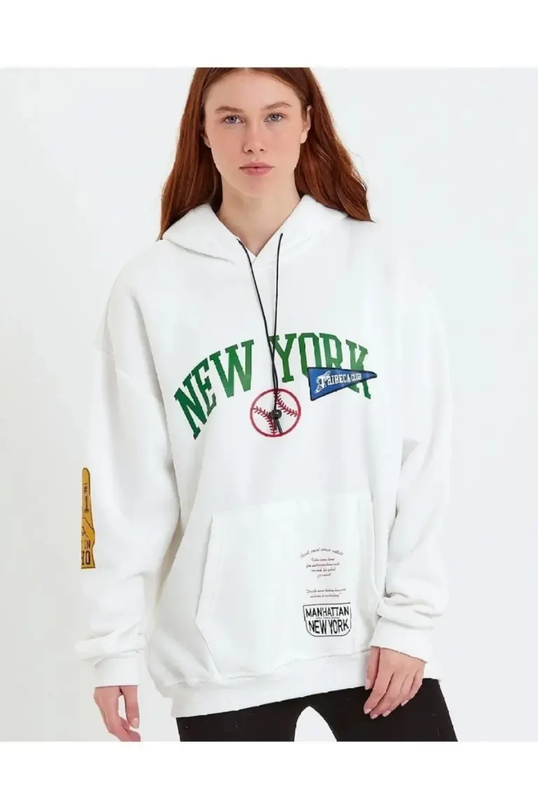 Oversize Kapüşonlu Cepli Ön Kol Baskılı 3 İplik Pamuklu Hoodie Sweatshirt - Beyaz