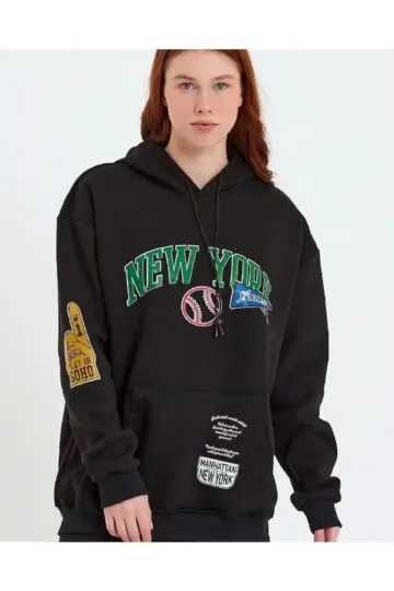 Oversize Kapüşonlu Cepli Ön Kol Baskılı 3 İplik Pamuklu Hoodie Sweatshirt - Siyah