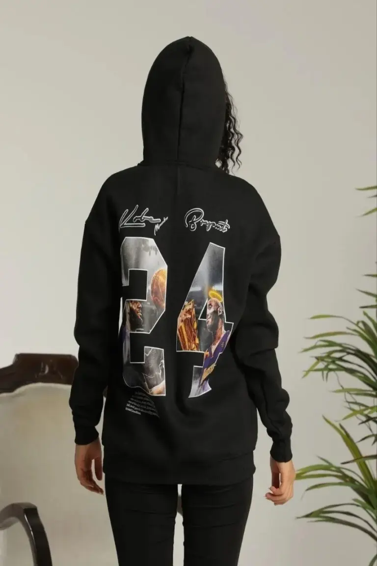 Oversize Kapüşonlu Cepli Baskılı 3 İplik Pamuklu Hoodie Sweatshirt - Siyah