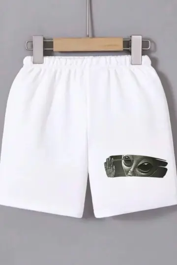 Beli Lastikli Baskılı Mini Şort - Beyaz