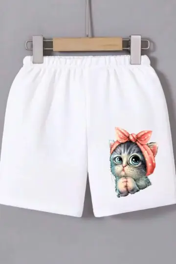 Beli Lastikli Baskılı Mini Şort - Beyaz