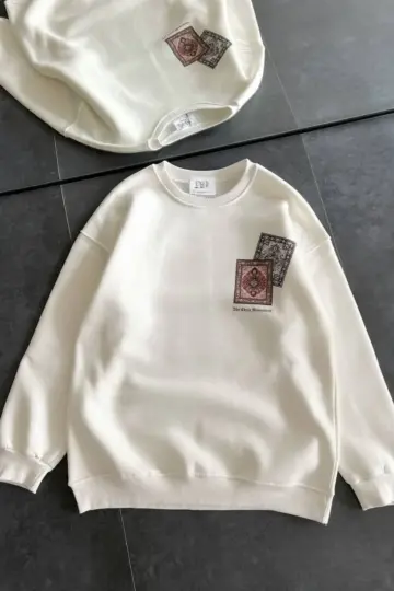 Bisiklet Yaka Kilim Halı Baskılı 3 İplik Pamuklu Sweatshirt - Beyaz