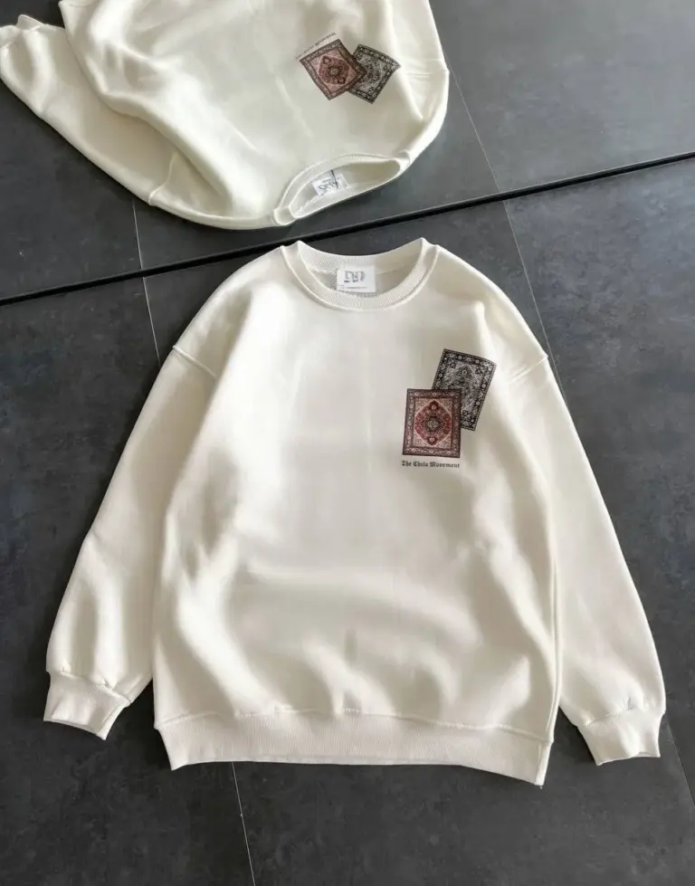 Bisiklet Yaka Kilim Halı Baskılı 3 İplik Pamuklu Sweatshirt - Beyaz