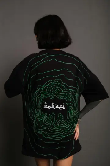 Bisiklet Yakalı Sırt Baskılı Oversize Kısa kol T-Shirt - Siyah