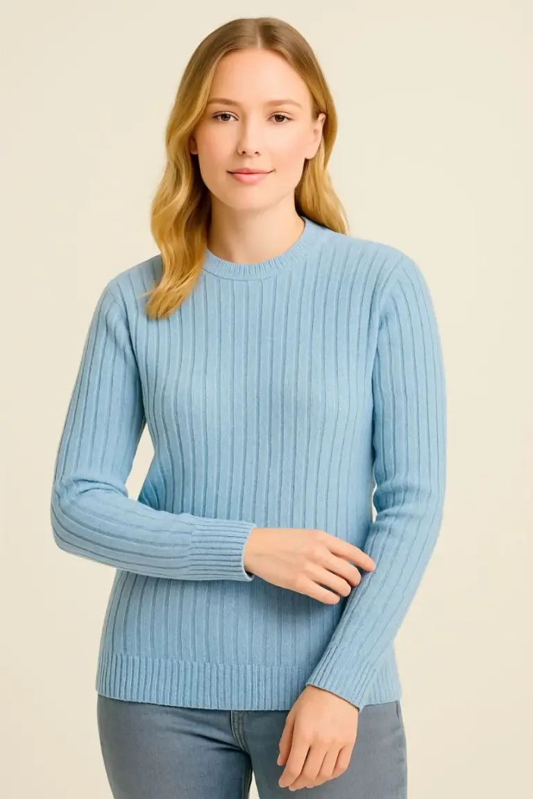 Bisiklet Yaka Triko Kazak Pamuklu Kalın Fitilli Dokuma - Bebe Mavisi