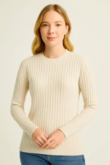 Bisiklet Yaka Triko Kazak Pamuklu Kalın Fitilli Dokuma Regular Fit - Bej