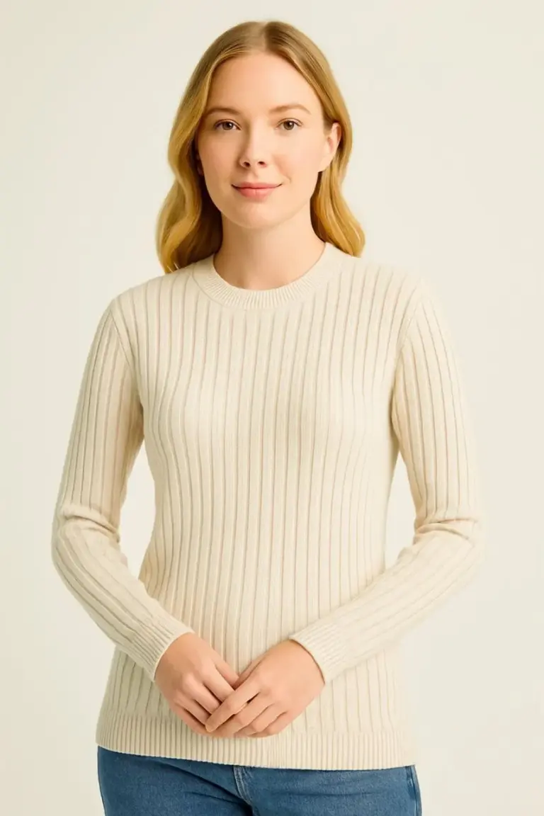 Bisiklet Yaka Triko Kazak Pamuklu Kalın Fitilli Dokuma Regular Fit - Bej