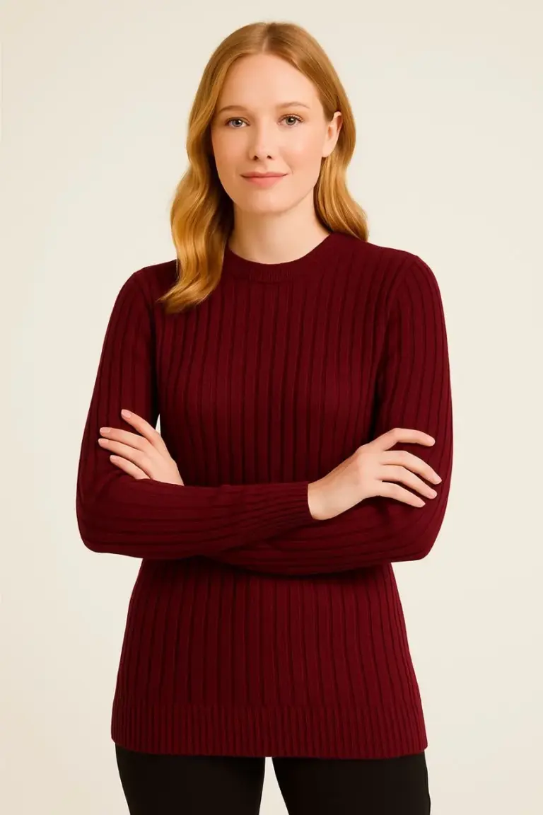 Bisiklet Yaka Triko Kazak Pamuklu Kalın Fitilli Dokuma Regular Fit - Bordo