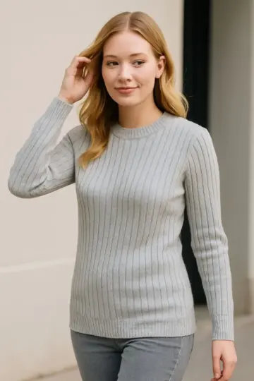 Bisiklet Yaka Triko Kazak Pamuklu Kalın Fitilli Dokuma Regular Fit - Gri