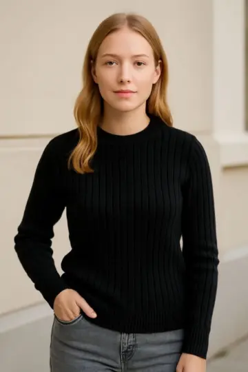 Bisiklet Yaka Triko Kazak Pamuklu Kalın Fitilli Dokuma Regular Fit -  Siyah