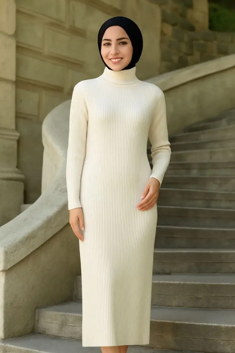 Tesettür Triko Elbise Boğazlı Uzun Fitilli Dokuma Esnek Tam Kalıp 130 cm - Beyaz
