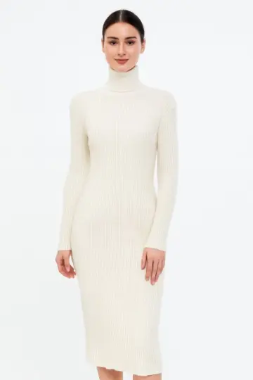 Boğazlı Triko Elbise Uzun Fitilli Esnek Dokuma Tam Kalıp Baharlık 130 cm - Beyaz