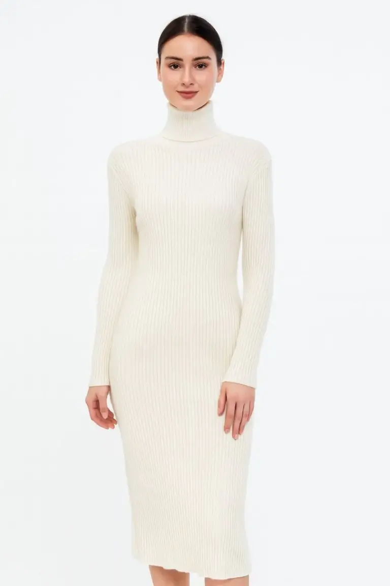 Boğazlı Triko Elbise Uzun Fitilli Esnek Dokuma Tam Kalıp Baharlık 130 cm - Beyaz