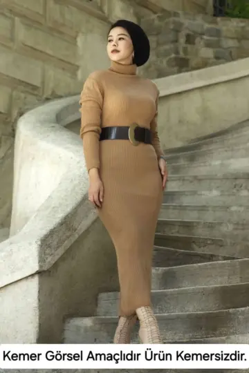 Boğazlı Uzun Fitilli Triko Dokuma Elbise - Kahverengi