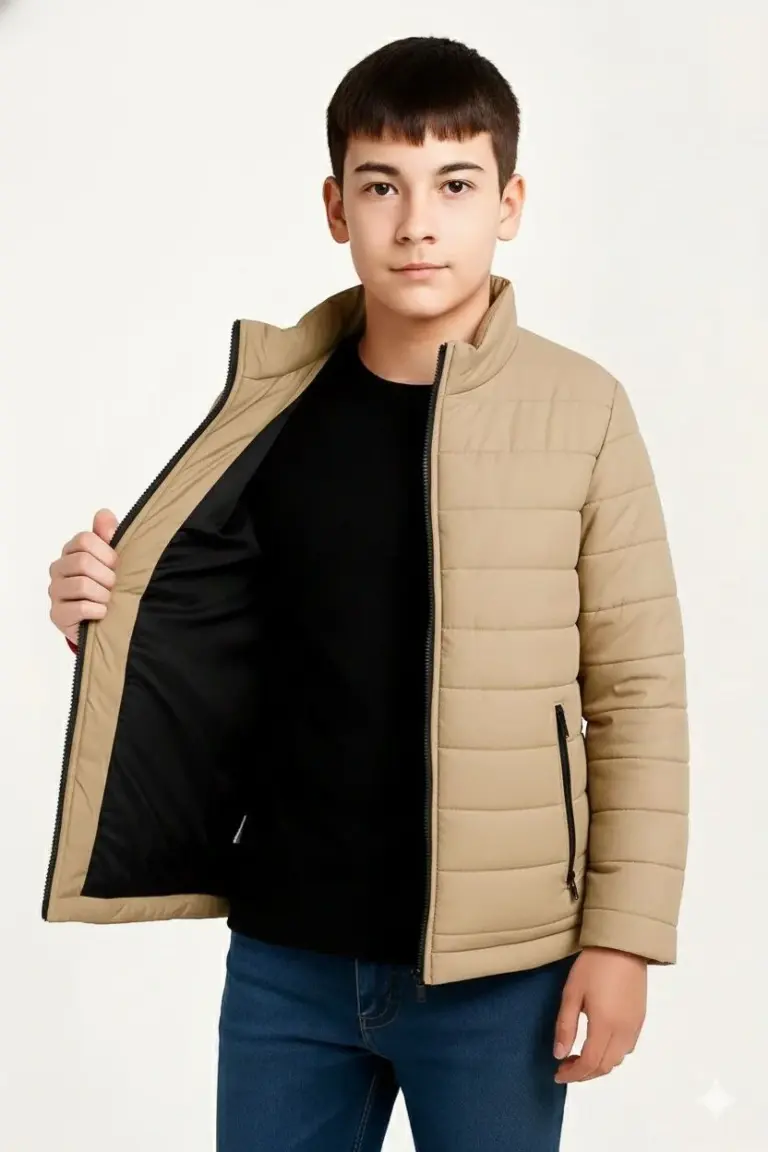 Çocuk Şişme İçi Elyaflı Fermuarlı Cepli Mont Su İtici Ceket - Bej