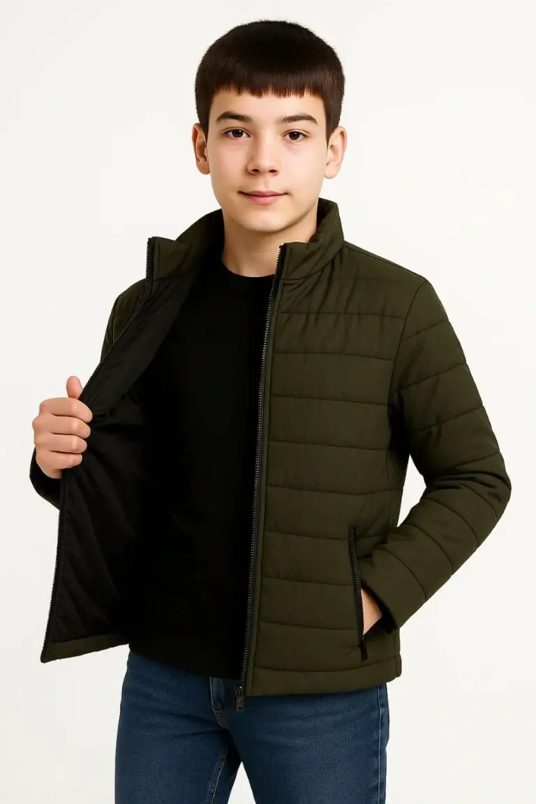 Çocuk Şişme İçi Elyaflı Fermuarlı Cepli Mont Su İtici Ceket - Haki
