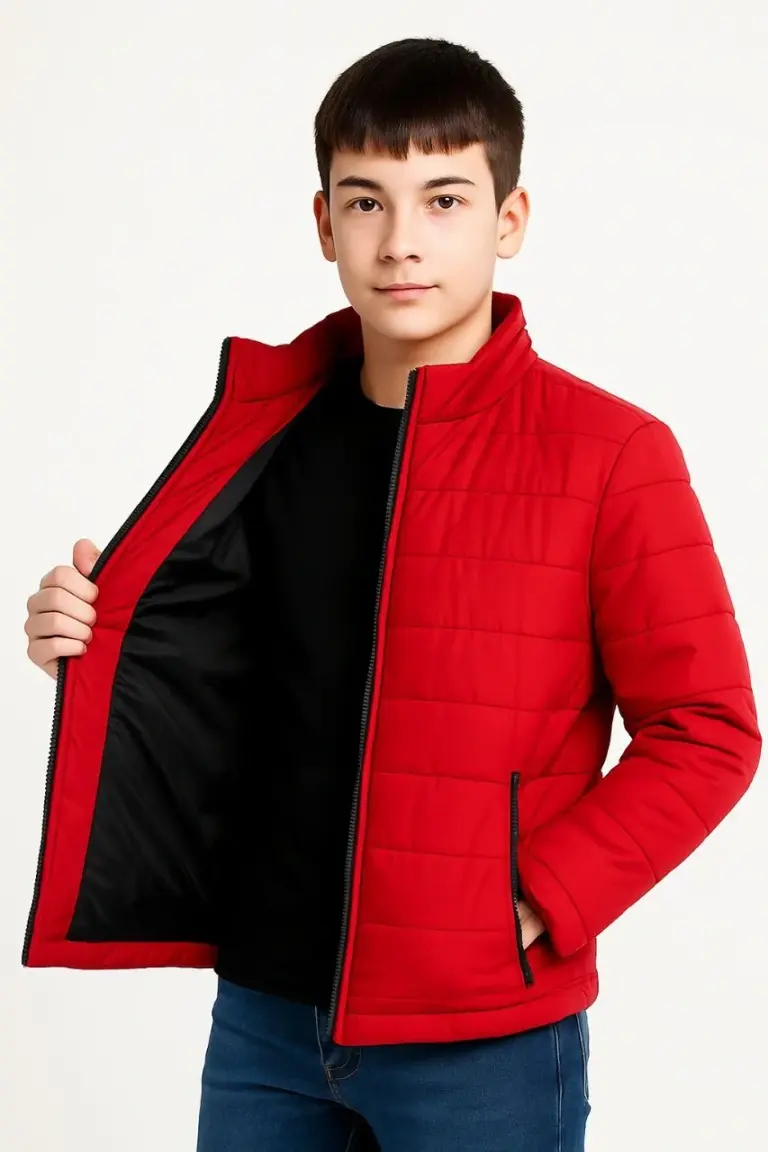 Çocuk Şişme İçi Elyaflı Fermuarlı Cepli Mont Su İtici Ceket - Kırmızı