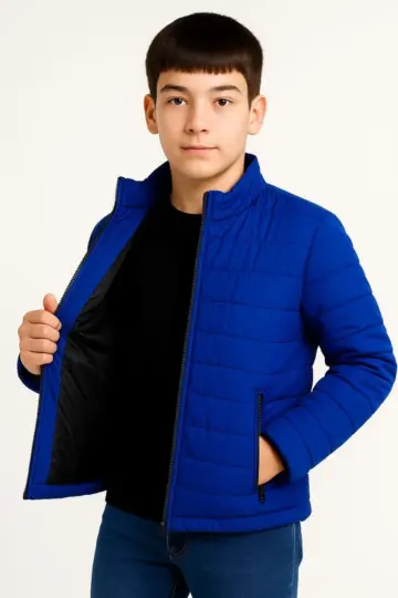 Çocuk Şişme İçi Elyaflı Fermuarlı Cepli Mont Su İtici Ceket -Saks Mavisii