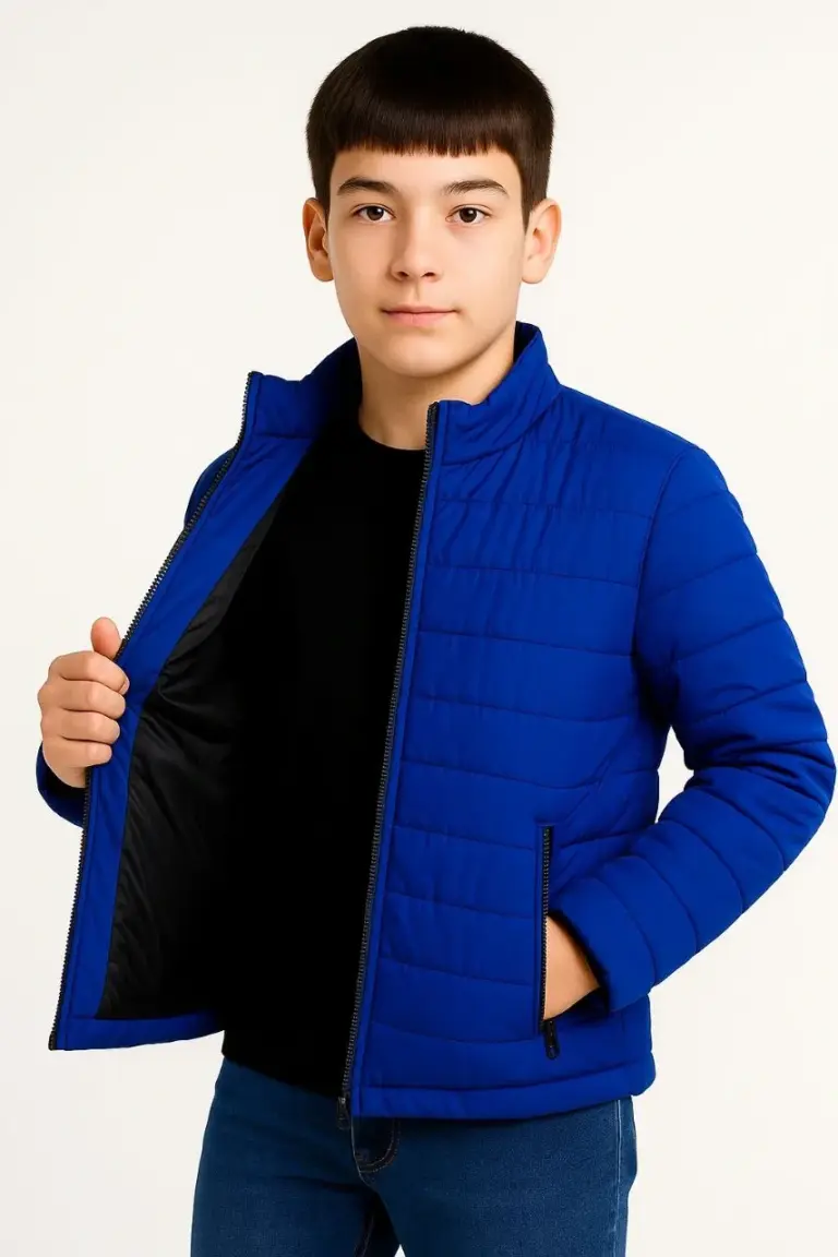 Çocuk Şişme İçi Elyaflı Fermuarlı Cepli Mont Su İtici Ceket -Saks Mavisii