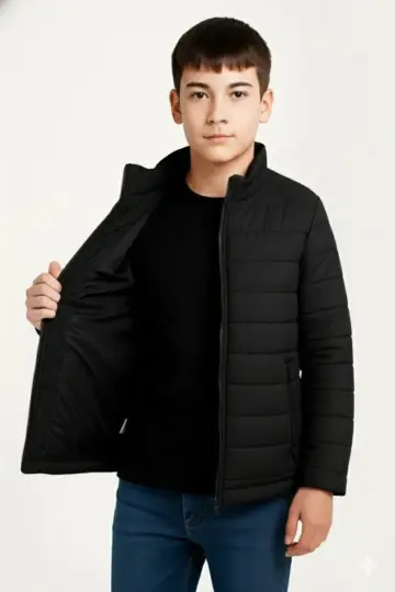 Çocuk Şişme İçi Elyaflı Fermuarlı Cepli Mont Su İtici Ceket -  Siyah